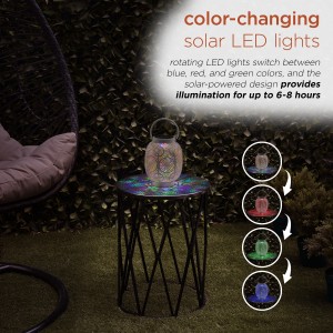 ALPINE CORPORATION 8"H OUTDOOR SOLAR-POWERED HOLLOW METAL LANTERN WITH ROTATING MULTICOLOR LED LIGHTS, ANTIQUE WHITE 