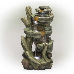 39" CASCADING STONE TOWER FOUNTAIN WITH COOL WHITE LED LIGHTS 