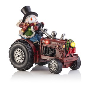 Alpine Corporation 9"H Polystone Snowman on Tractor Holiday Decoration with Color-Changing LED Lights