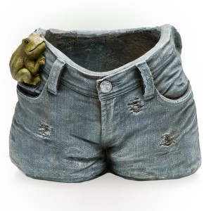 Rugged Denim Shorts Flower Planter with Frog