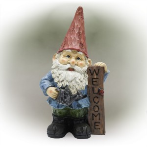 12" Red Hat Gnome Garden Statue with Vertical WELCOME Sign