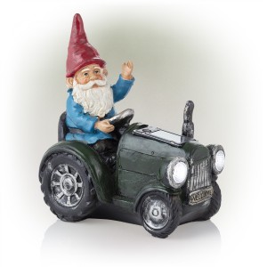 Solar Green Tractor Riding Gnome with Cool White LED Lights