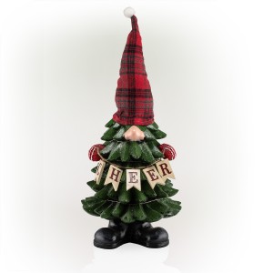 Alpine Corporation 28"H Polyresin Christmas Tree "Cheer" Gnome Decoration with Color Changing LED Lights