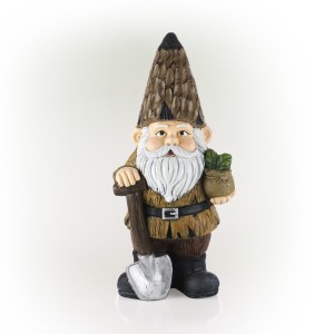 Alpine Corporation 16"H Indoor/Outdoor Garden Gnome with Shovel and Plant Statue, Brown