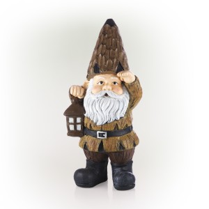 Alpine Corporation 16"H Indoor/Outdoor Garden Gnome with Lantern Statue, Brown
