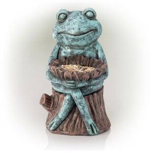 16" Sitting Turquoise-Colored Frog Garden Statue with Flower