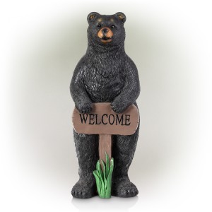 36" Standing Black Bear Garden Statue with Welcome Sign