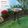 Alpine Corporation 24" Tall Outdoor Floral Glass Birdbath Bowl with Metal Stand, Multicolor