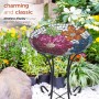 Alpine Corporation 24" Tall Outdoor Floral Glass Birdbath Bowl with Metal Stand, Multicolor