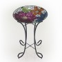 Alpine Corporation 24" Tall Outdoor Floral Glass Birdbath Bowl with Metal Stand, Multicolor