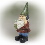 12" Green Hat Gnome Garden Statue with Flower Pot on Hand 