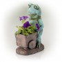 15" Cart Pushing Turquoise-Colored Frog Garden Statue