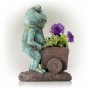 15" Cart Pushing Turquoise-Colored Frog Garden Statue